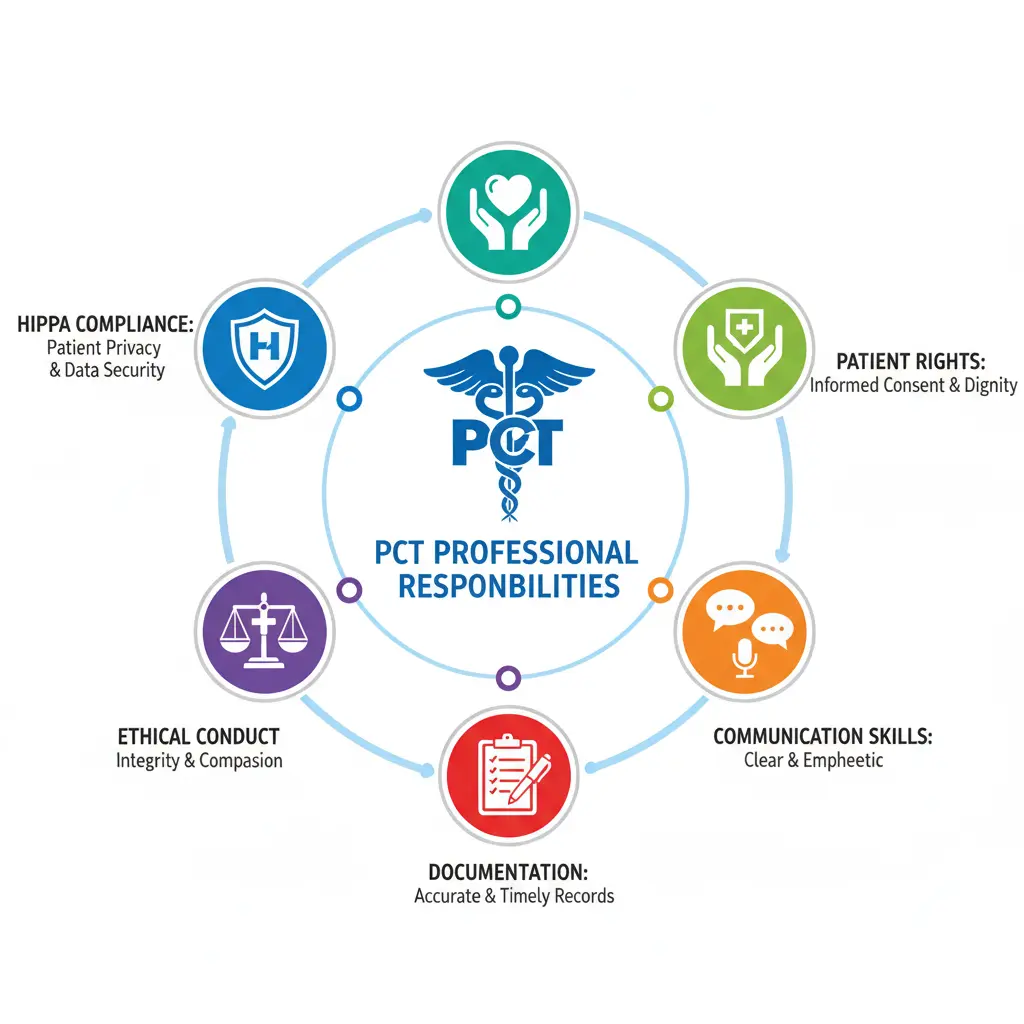 "PCT Professional Responsibilities domain infographic covering HIPAA compliance, patient rights, ethical conduct, communication skills, and documentation requirements for Patient Care Technician certification"